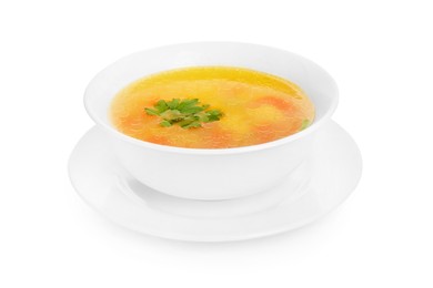 Photo of Delicious soup with parsley isolated on white