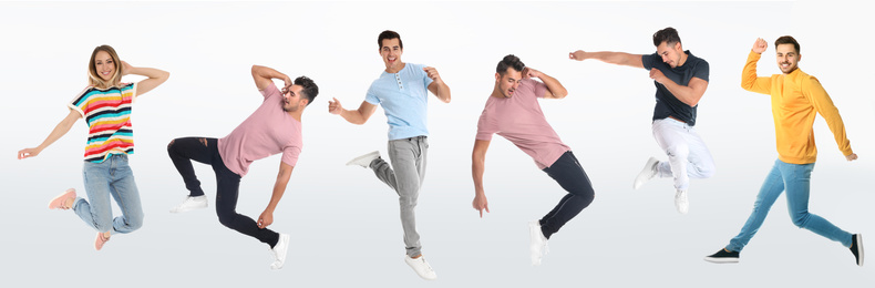 Collage with photos of young people in fashion clothes jumping on white background. Banner design