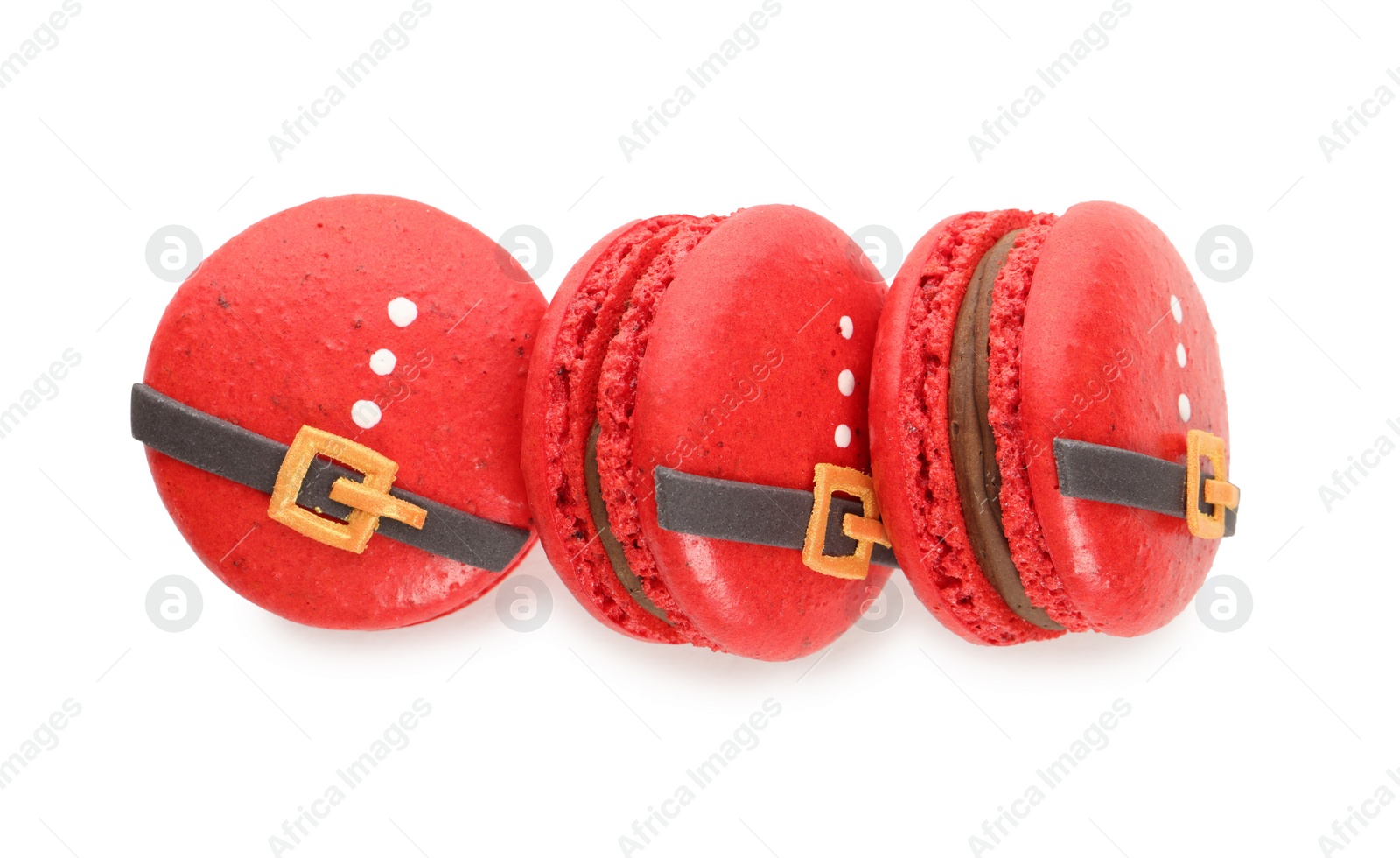 Photo of Beautifully decorated Christmas macarons on white background, top view