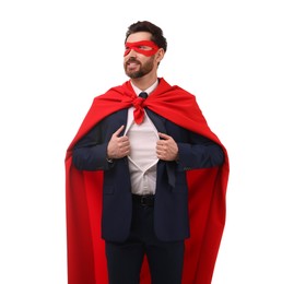 Photo of Happy businessman wearing superhero costume under suit on white background