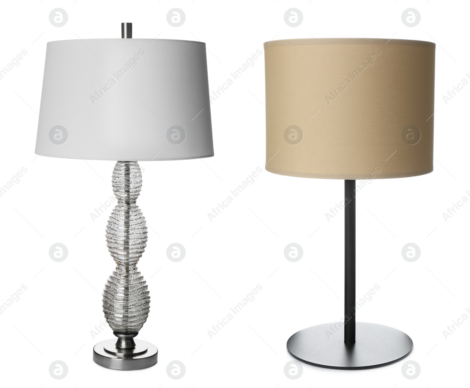 Image of Collage with different stylish night lamps on white background