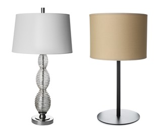 Collage with different stylish night lamps on white background