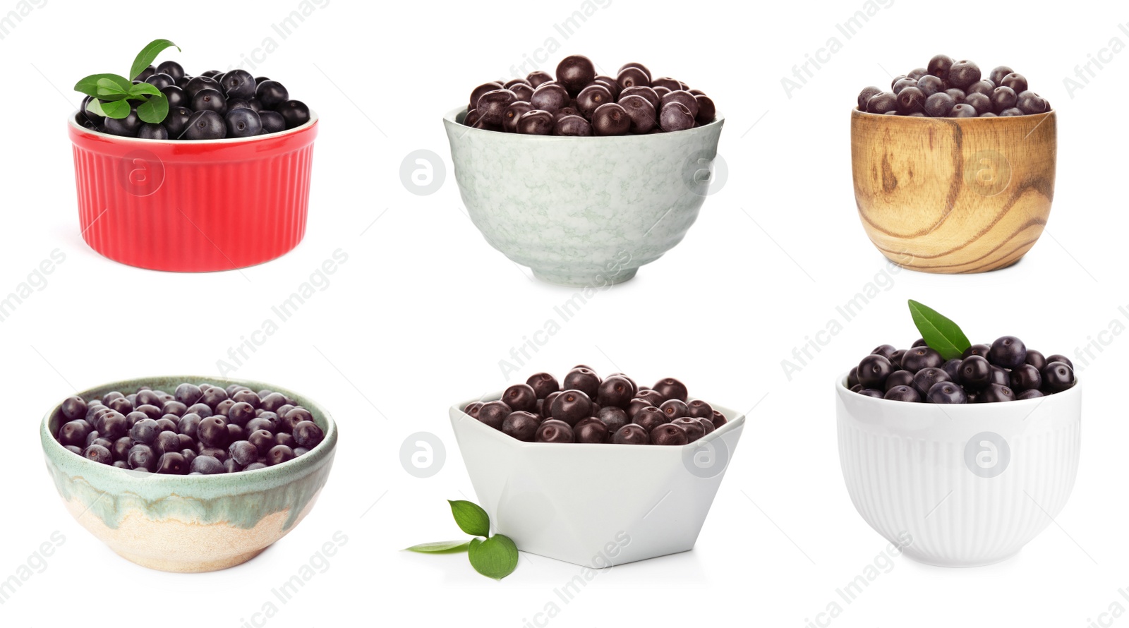 Image of Set of fresh acai berries in bowls on white background. Banner design 