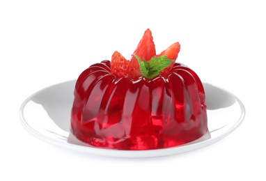 Photo of Delicious red jelly with strawberry and mint on white background