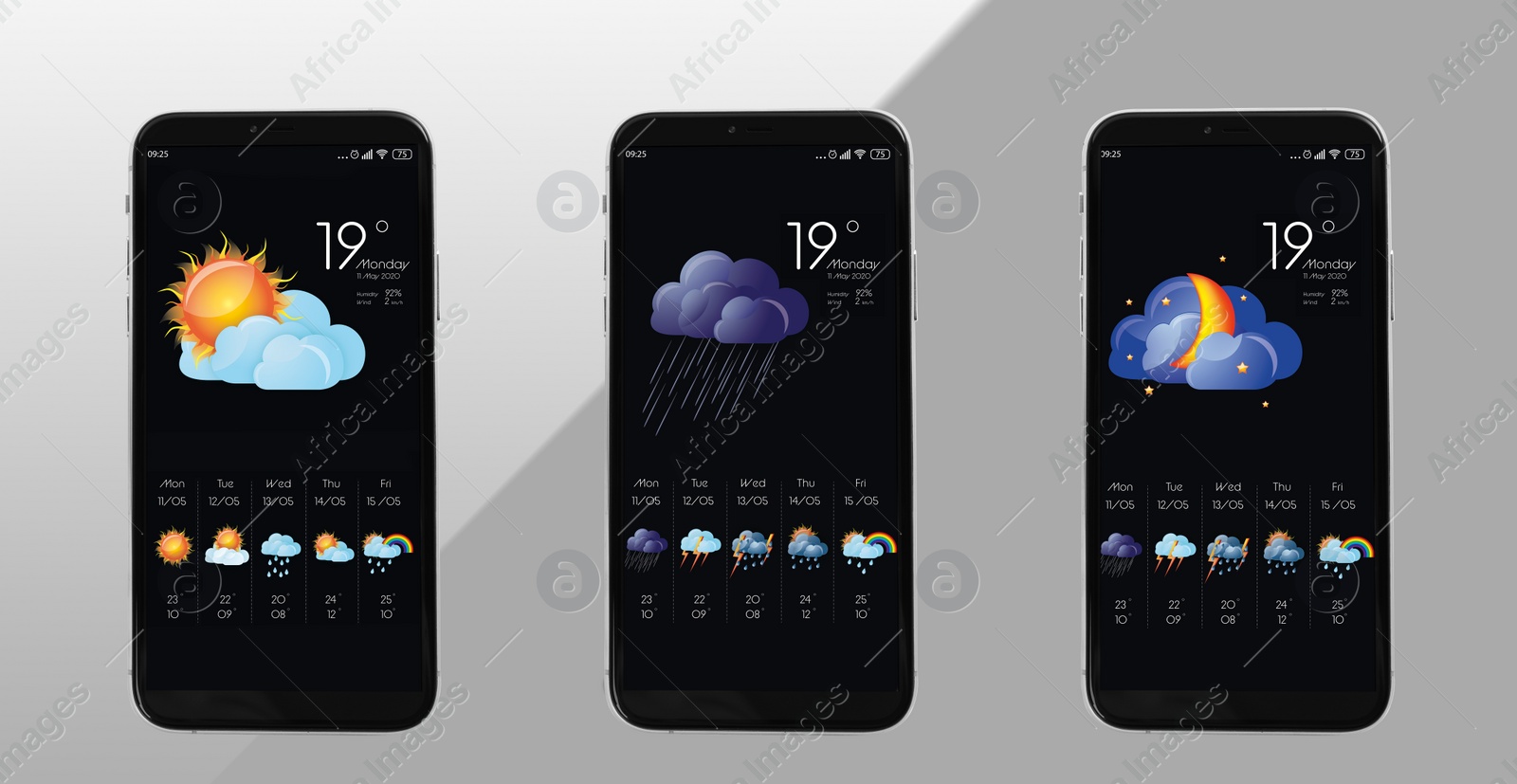 Image of Set of smartphones with open weather forecast app on grey background. Banner design
