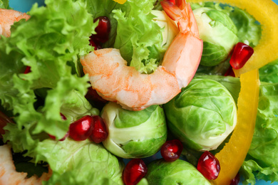 Photo of Tasty salad with Brussels sprouts as background, closeup