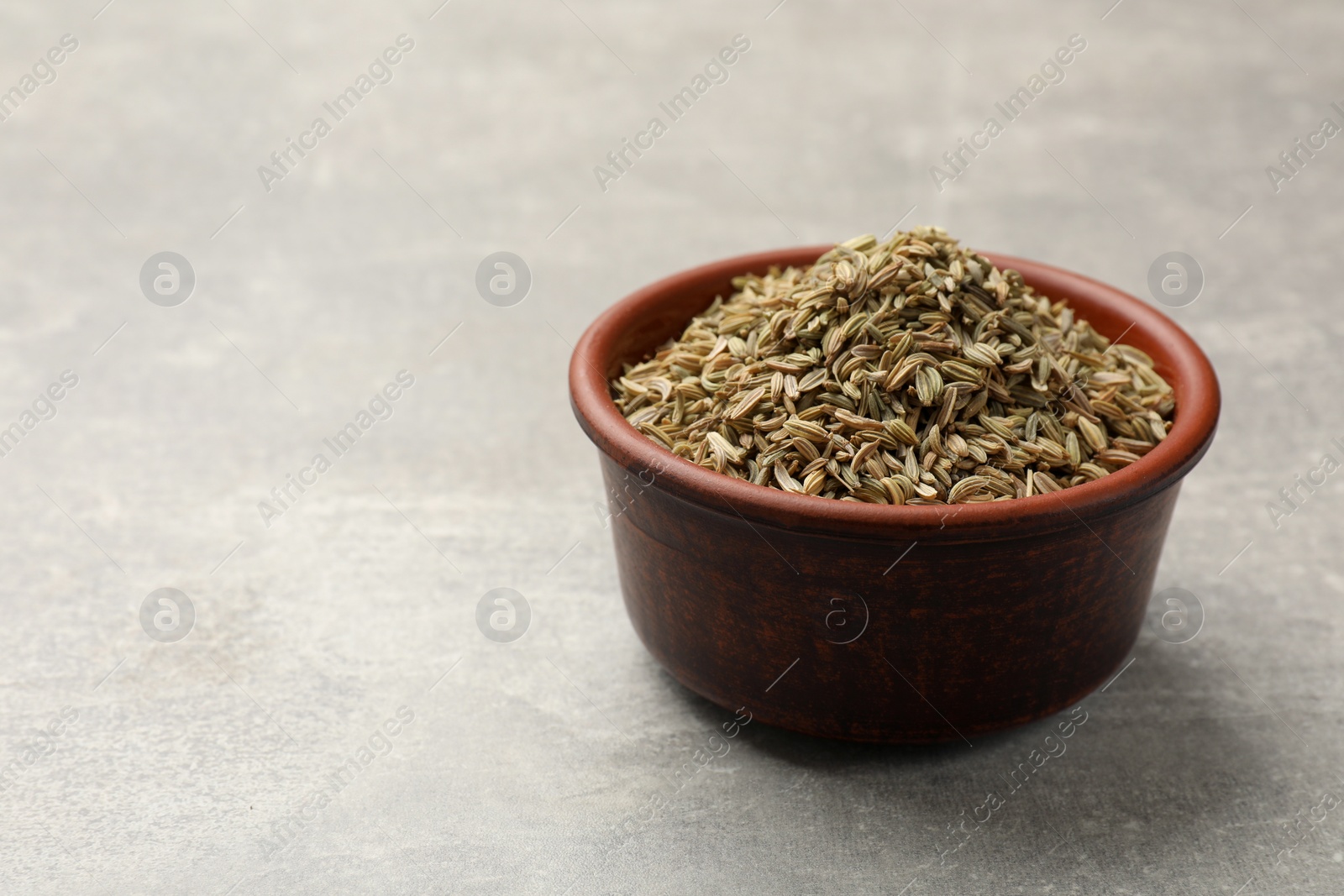 Photo of Fennel seeds in bowl on grey table, space for text
