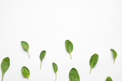 Fresh green healthy spinach on white background, top view