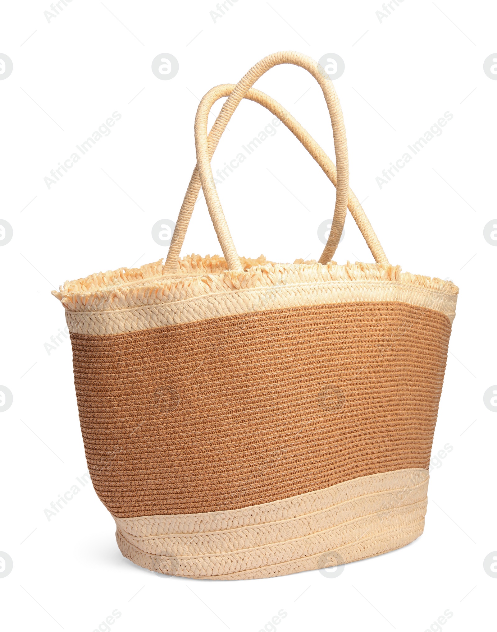 Photo of Stylish straw bag isolated on white. Beach object