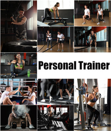 Image of Collage of people in modern gym and text Personal Trainer