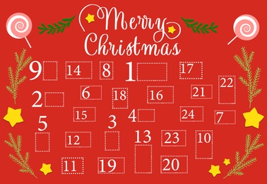 Image of Bright Christmas advent calendar on red background, illustration