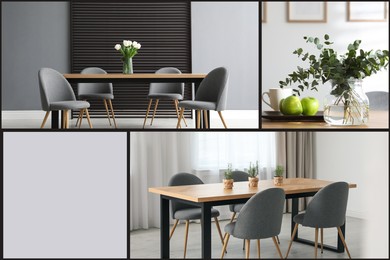 Image of Ideas of stylish dining room interior design, collage of photos. Space for text