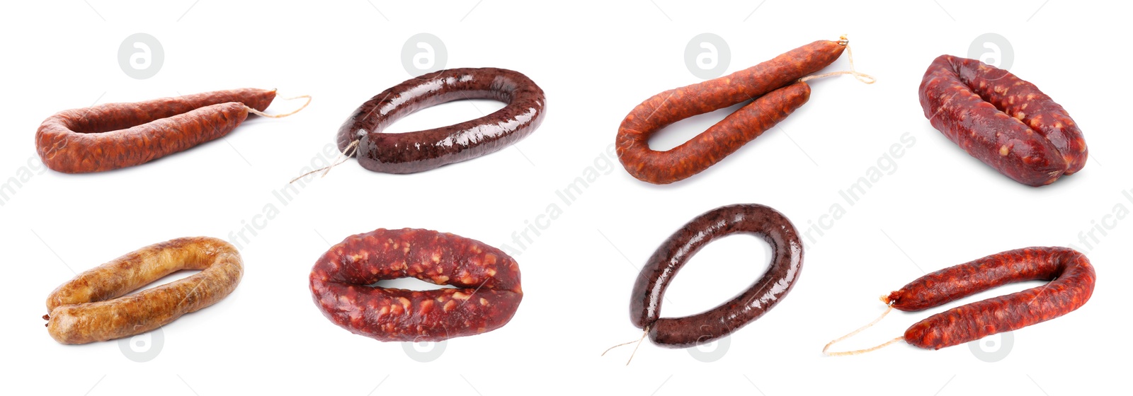 Image of Collage with different delicious sausages on white background