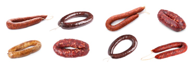 Collage with different delicious sausages on white background