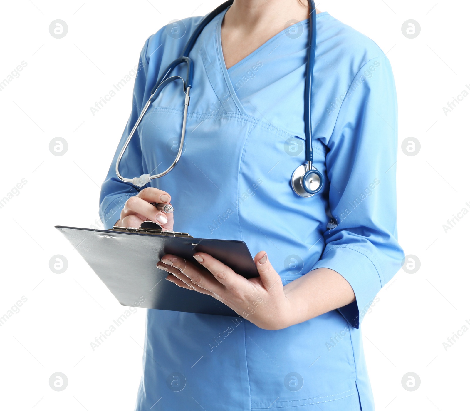 Photo of Doctor with clipboard in uniform on white background, closeup. Medical service