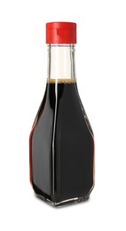 Tasty soy sauce in bottle isolated on white