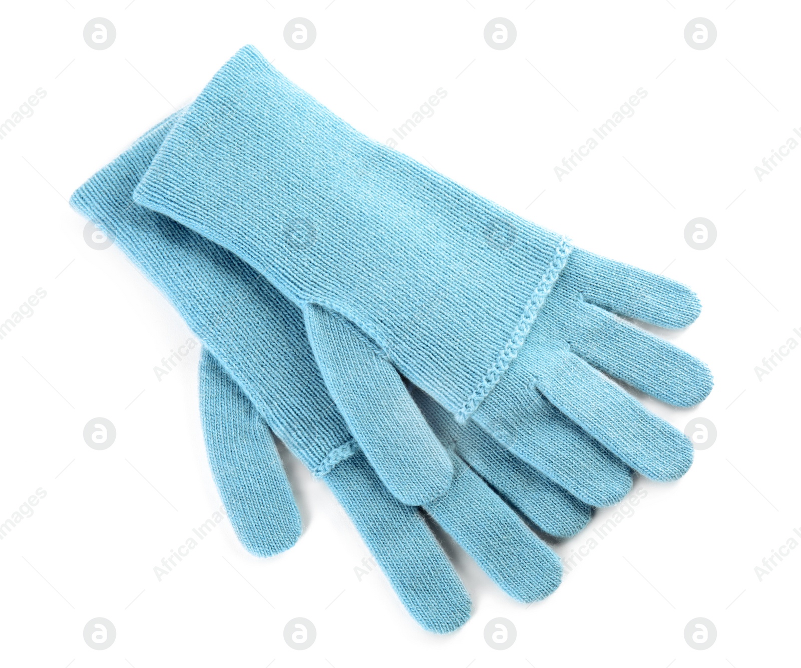 Photo of Stylish blue gloves on white background, top view. Autumn clothes