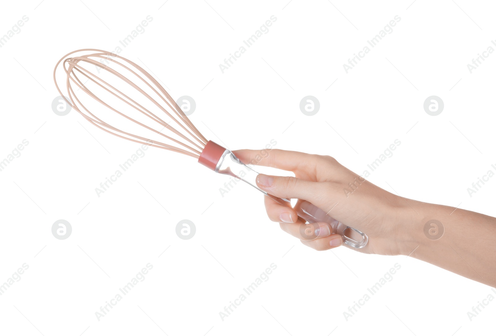 Photo of Woman holding whisk on white background, closeup