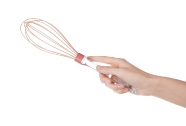 Woman holding whisk on white background, closeup