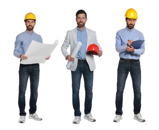 Photos of engineer on white background, collage design