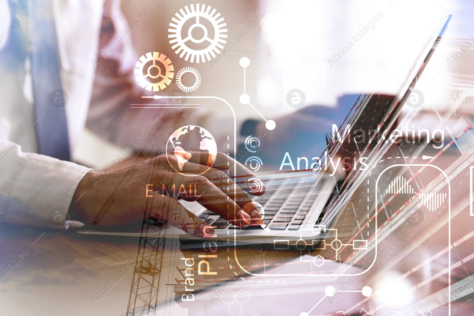 Image of Multiple exposure of man working on laptop in office, building and scheme, closeup. Digital marketing concept