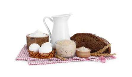 Freshly baked bread, sourdough and other ingredients on white background