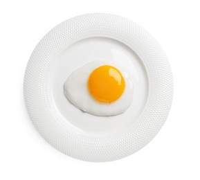 Plate with tasty fried egg isolated on white, top view