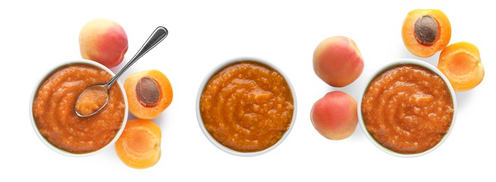 Image of Set with tasty apricot puree on white background, top view. Banner design