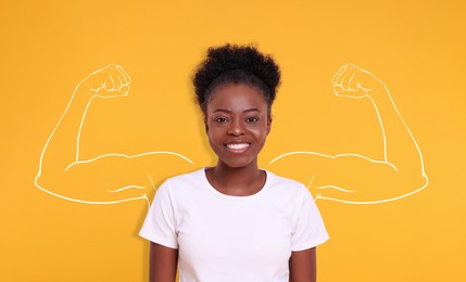 Image of Happy woman and illustration of muscular arms behind her on orange background, banner design