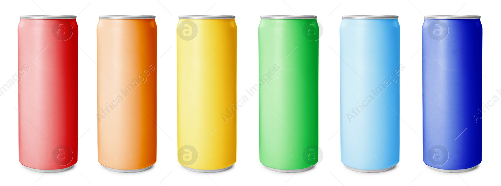 Image of Set with aluminium drink cans in different colors on white background. Banner design