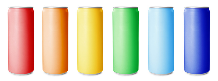 Set with aluminium drink cans in different colors on white background. Banner design