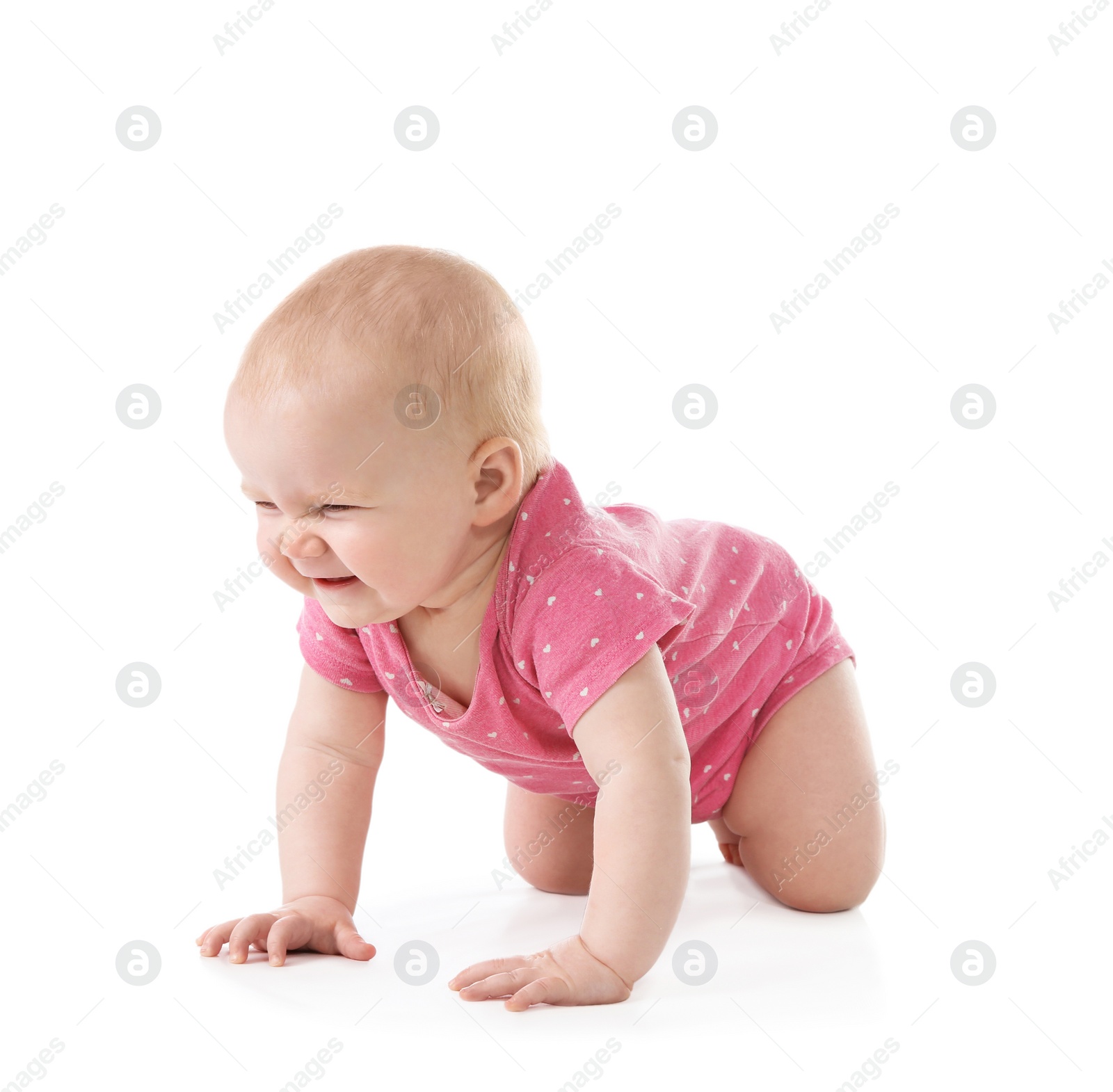 Photo of Cute little baby crawling on white background