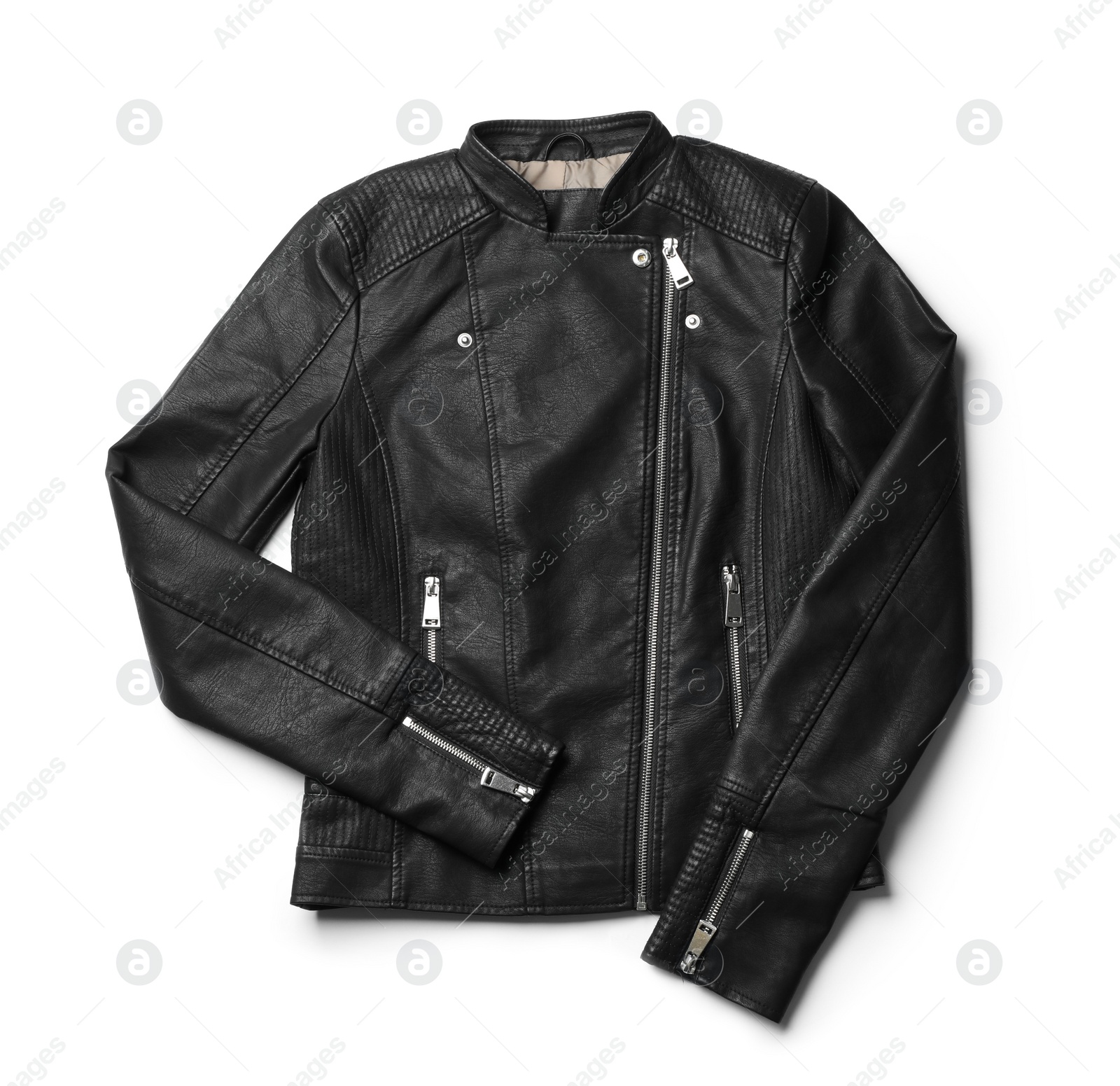 Photo of Stylish leather jacket isolated on white, top view