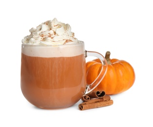 Photo of Delicious pumpkin latte and ingredients isolated on white