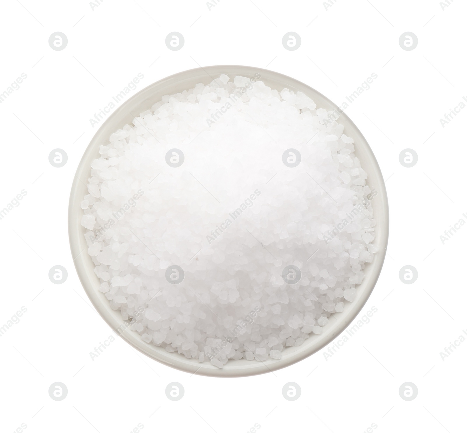 Photo of Bowl with natural salt isolated on white, top view