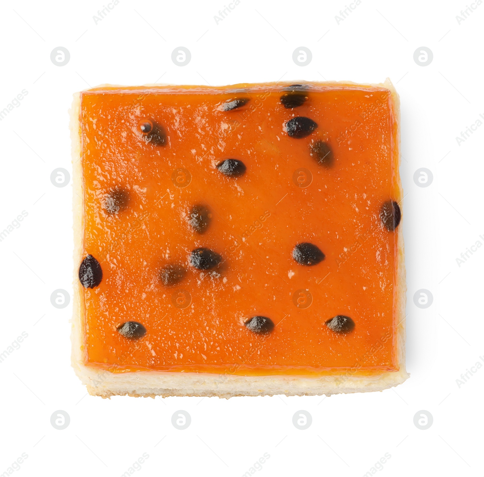 Photo of Piece of cheesecake with jelly on white background, top view