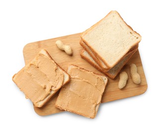 Photo of Tasty peanut butter sandwiches and peanuts on white background, top view