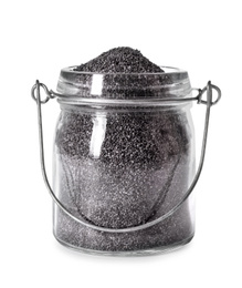 Poppy seeds in glass jar isolated on white
