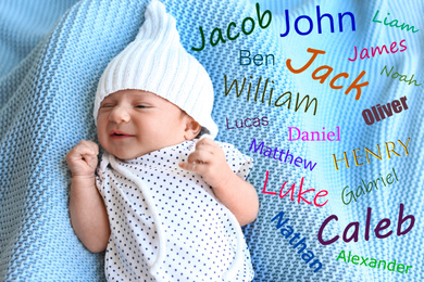Image of Choosing name for baby boy. Adorable newborn on blue blanket, view from above