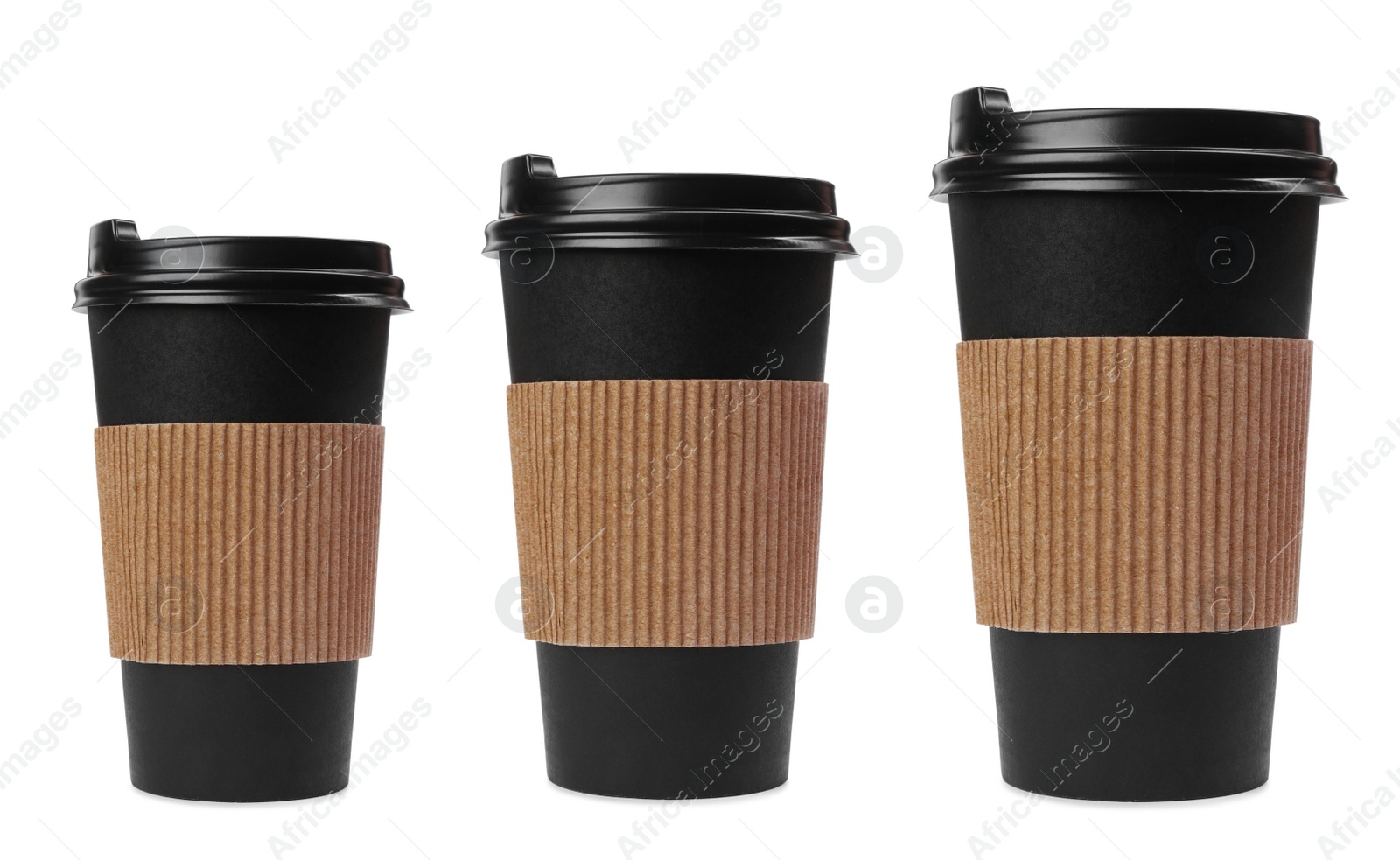 Image of Paper coffee cups of different sizes on white background, collage