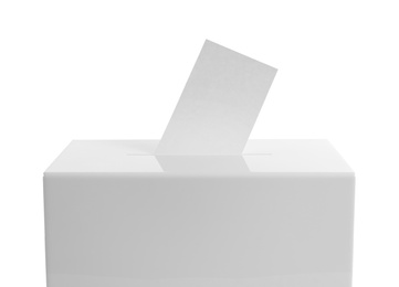 Photo of Ballot box with vote on white background. Election time