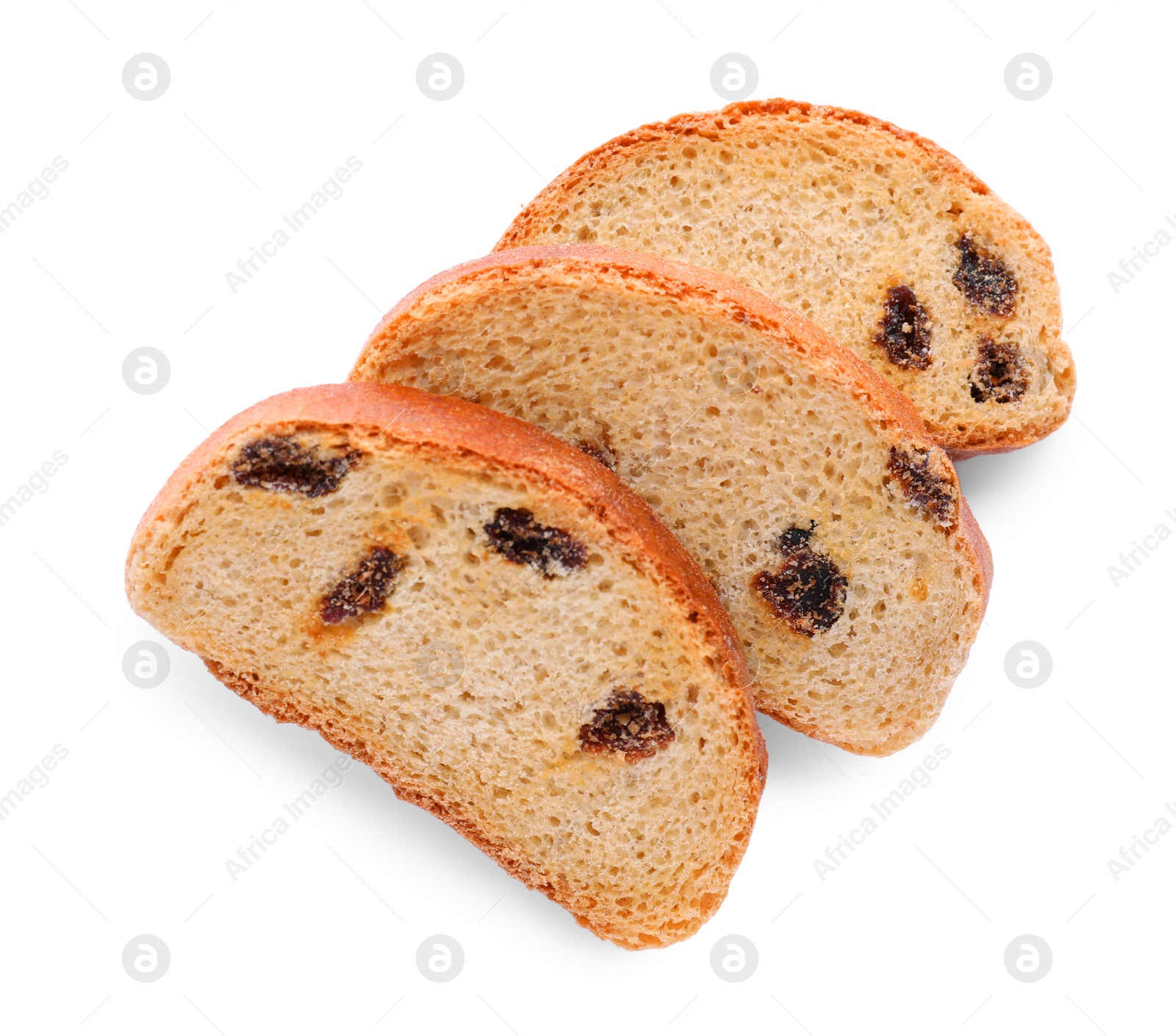 Photo of Sweet hard chuck crackers with raisins on white background, top view