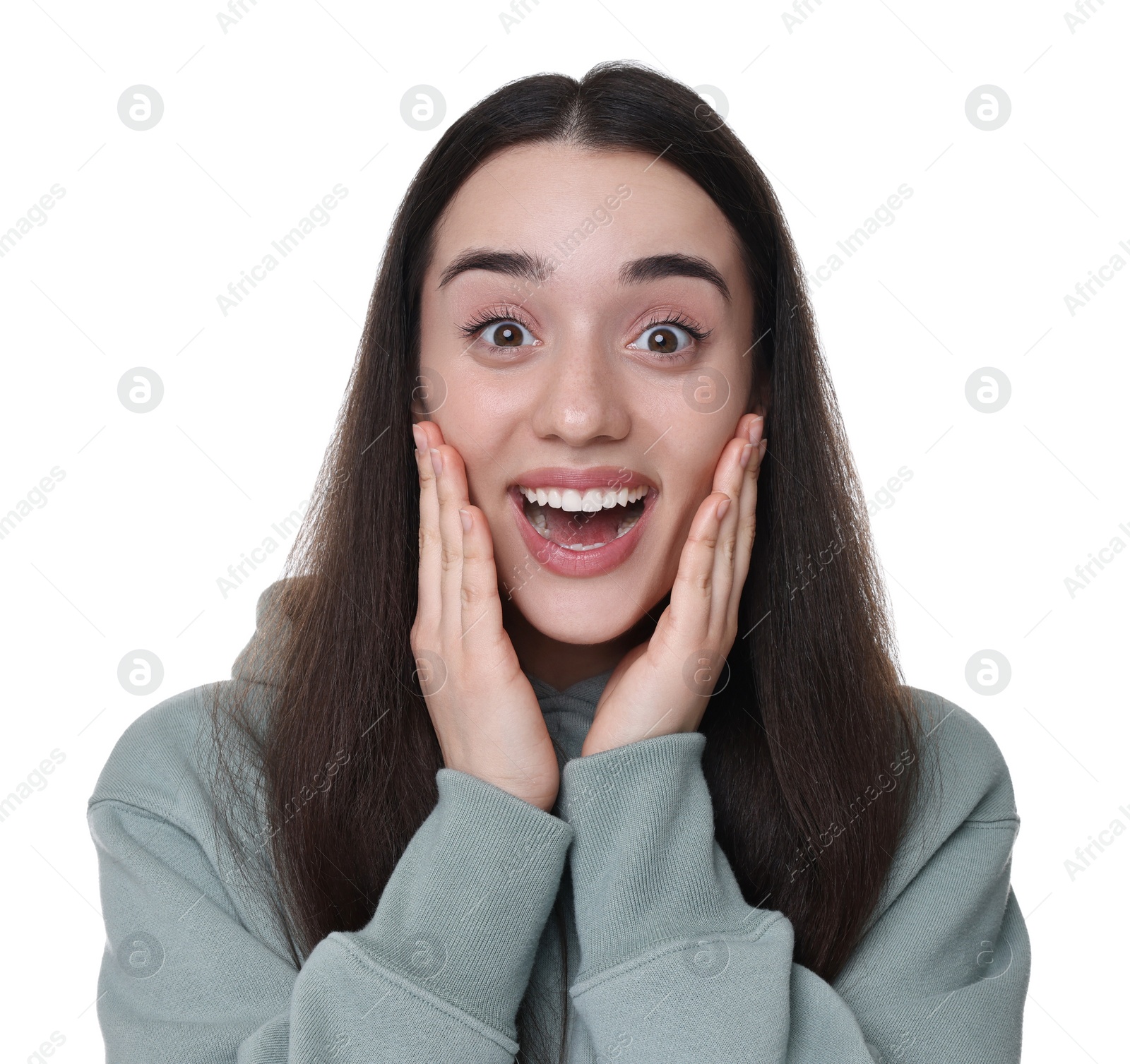 Photo of Portrait of happy surprised woman on white background