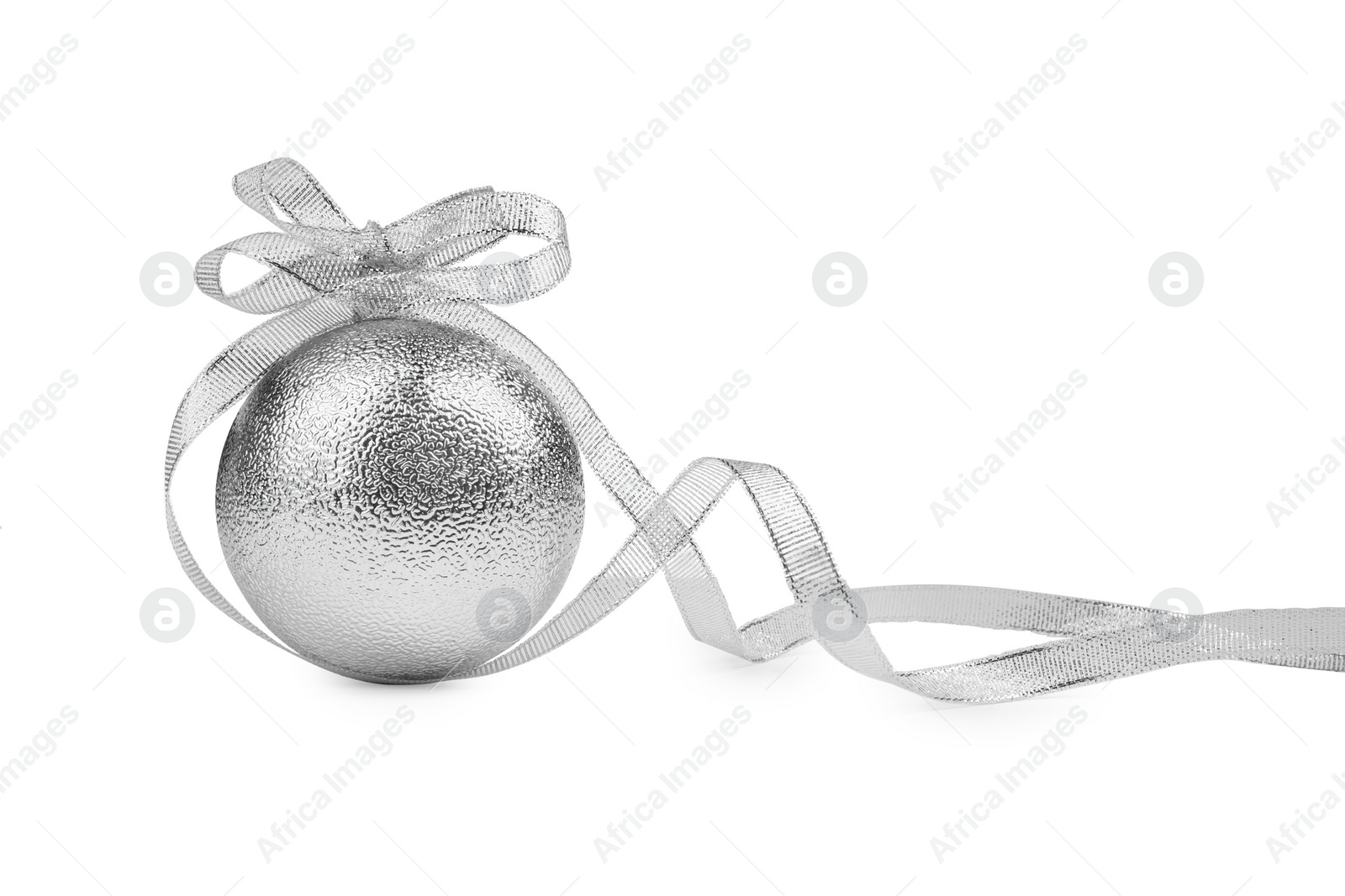 Photo of Beautiful silver Christmas ball with ribbon isolated on white