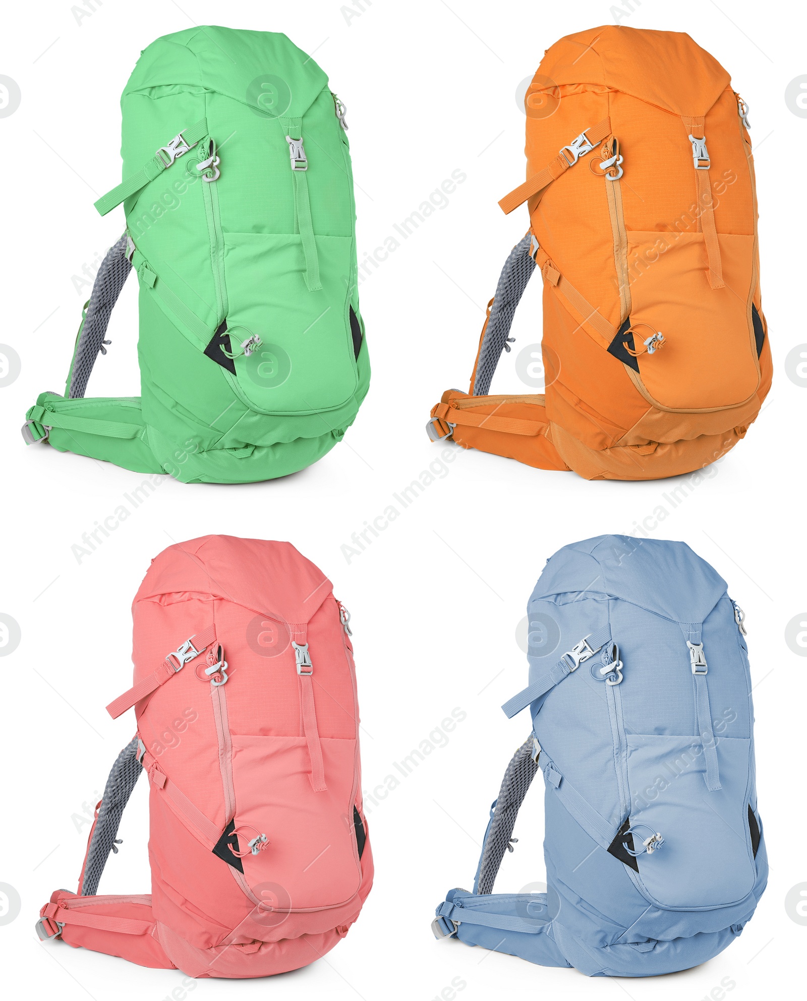 Image of Different hiking backpacks on white background, collage 