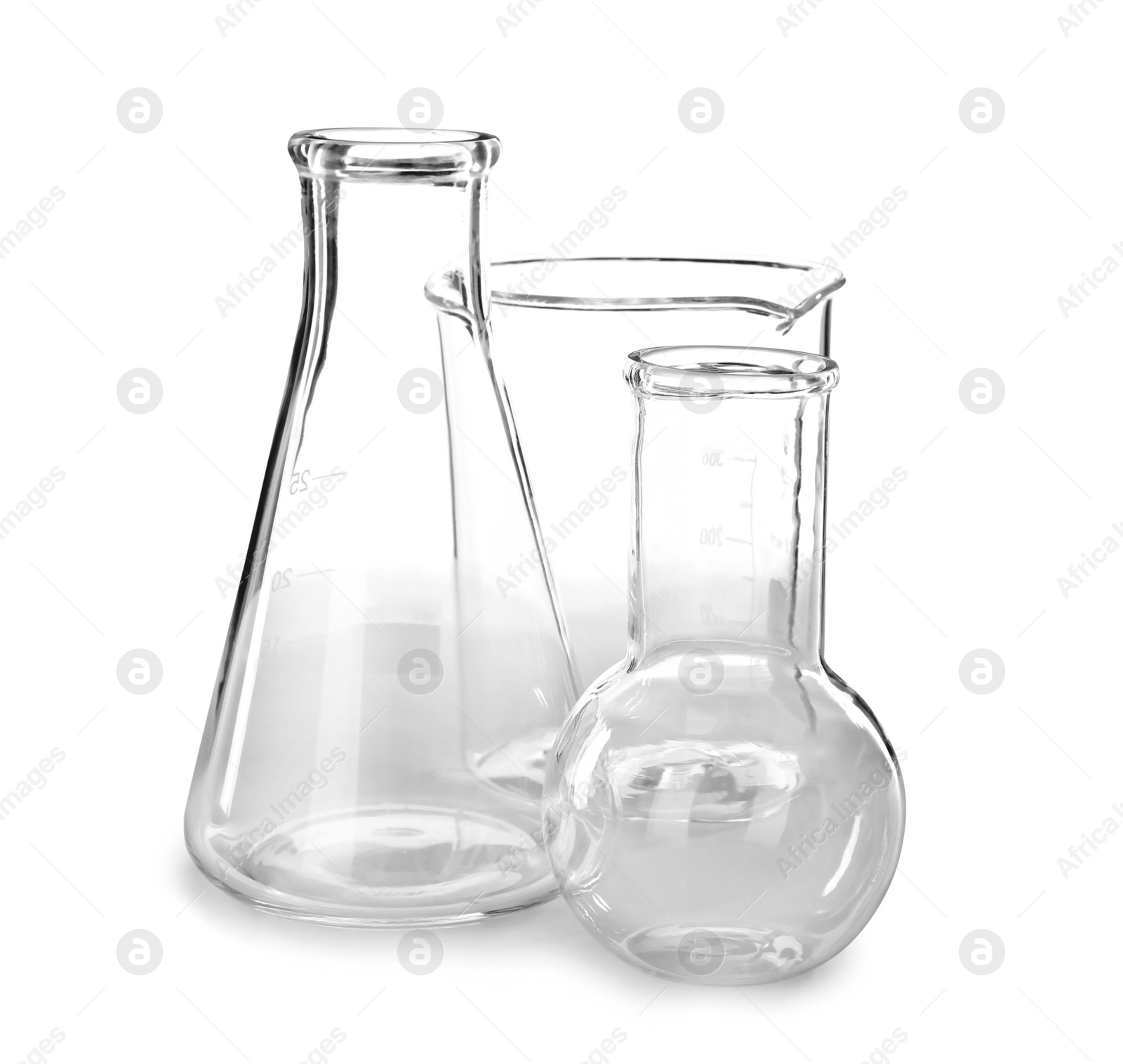 Photo of Empty flasks on white background. Laboratory analysis equipment