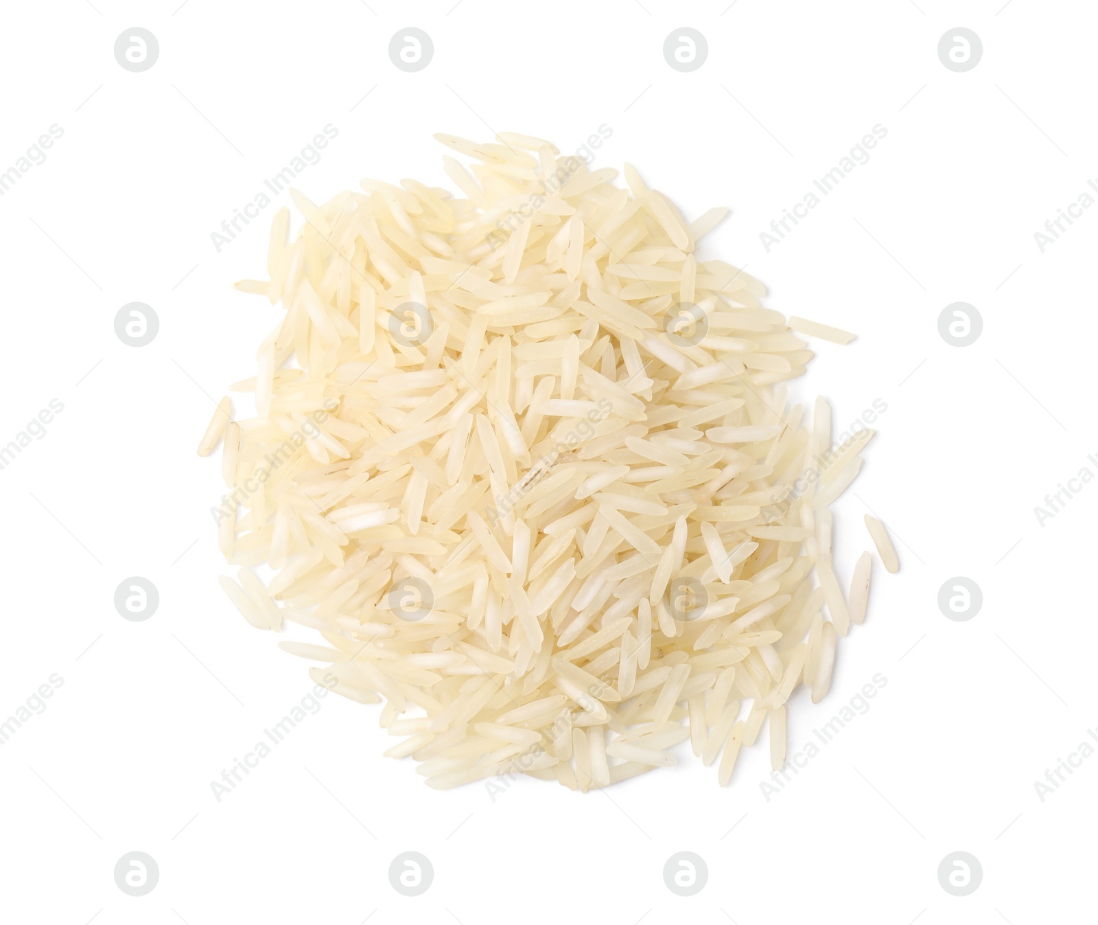 Photo of Pile of raw rice isolated on white, top view