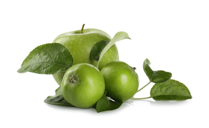 Photo of Fresh juicy apples with leaves isolated on white