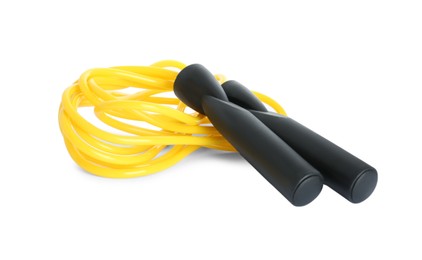 Photo of Yellow skipping rope with black handles isolated on white