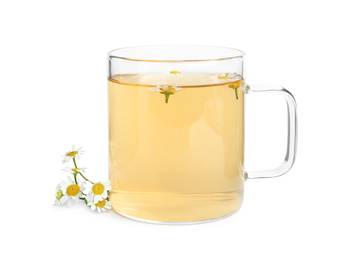 Photo of Delicious chamomile tea in glass cup isolated on white